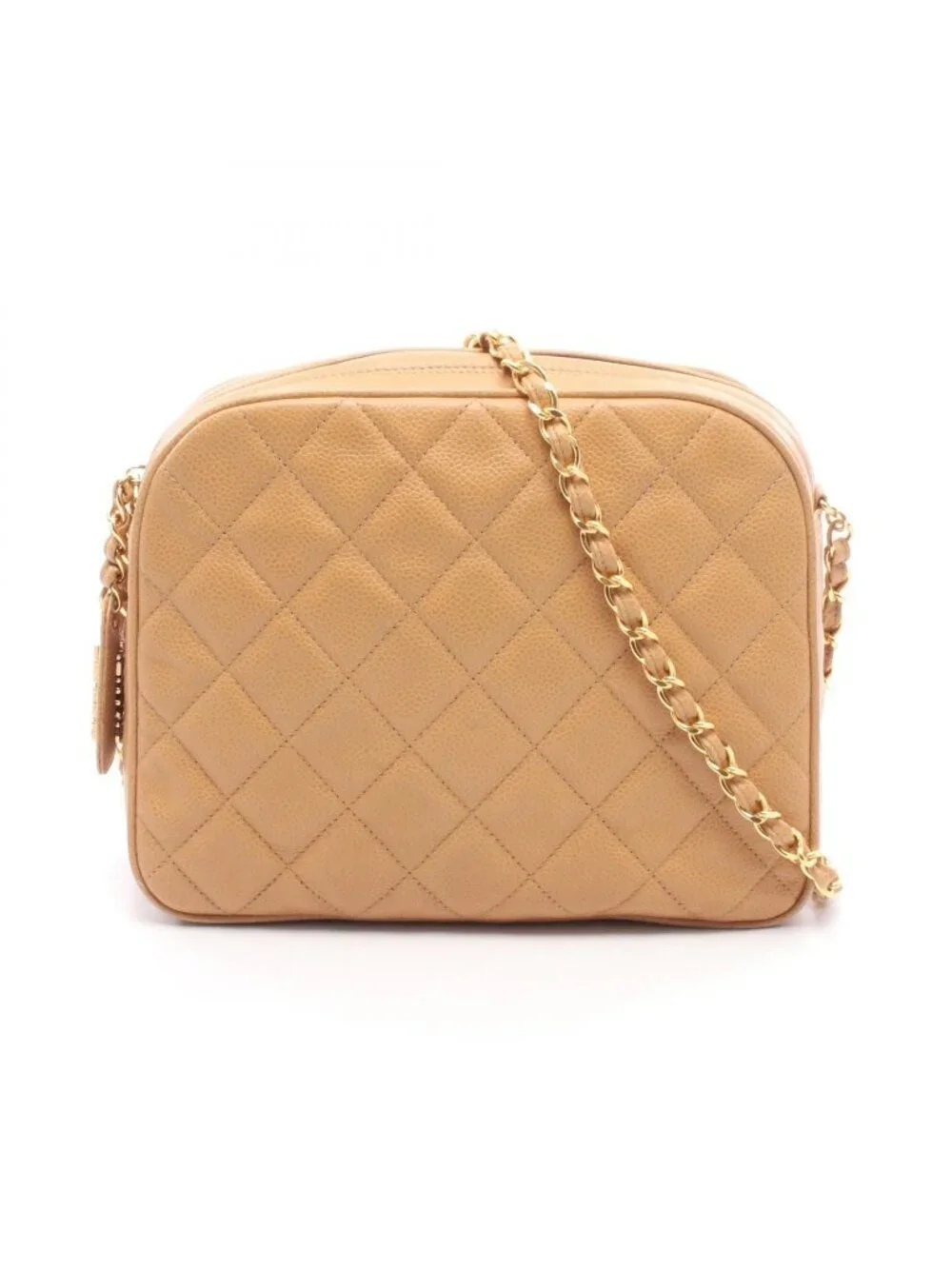 Chanel Shoulder Bag Quilted Beige Caviar Leather Chain